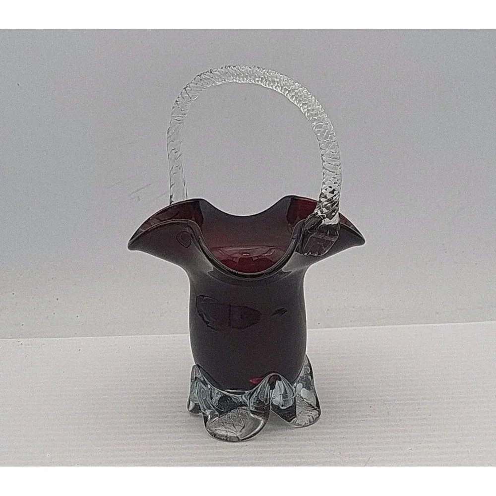 Vintage Dark Purple Glass Basket w/Wavy Edge‎ and Clear Glass Rope Handle